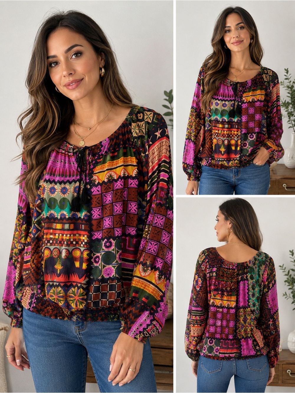Desigual Multicolor Patchwork Long-Sleeve Peasant Blouse L-XL